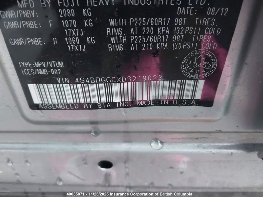 2013 Subaru Outback 2.5I Premium VIN: 4S4BRGGCXD3219023 Lot: 40035871