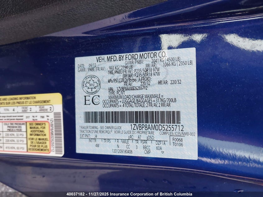 2013 Ford Mustang VIN: 1ZVBP8AM0D5255712 Lot: 40037182