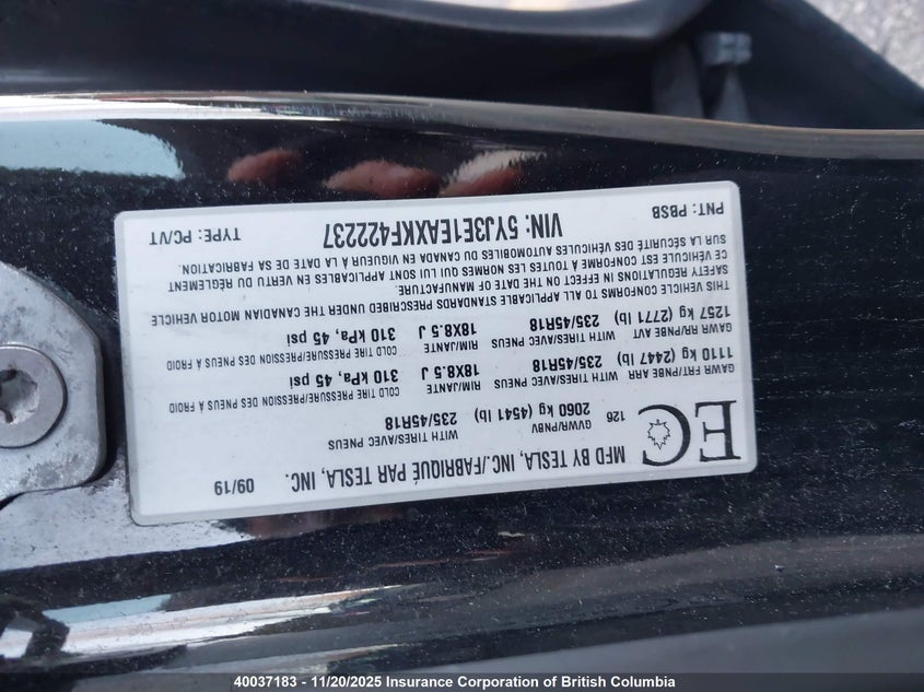 5YJ3E1EAXKF422237 2019 TESLA MODEL 3 photo no. 9