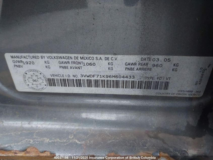 2006 Volkswagen Jetta VIN: 3VWDF71K96M604433 Lot: 40037186