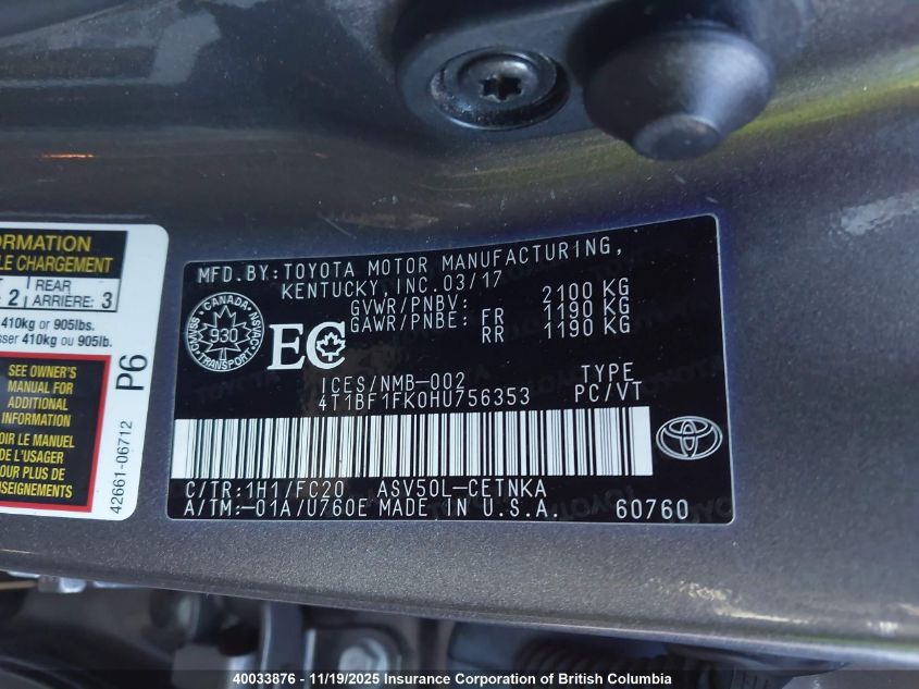 2017 Toyota Camry Le/Xle/Se/Xse VIN: 4T1BF1FK0HU756353 Lot: 40033876