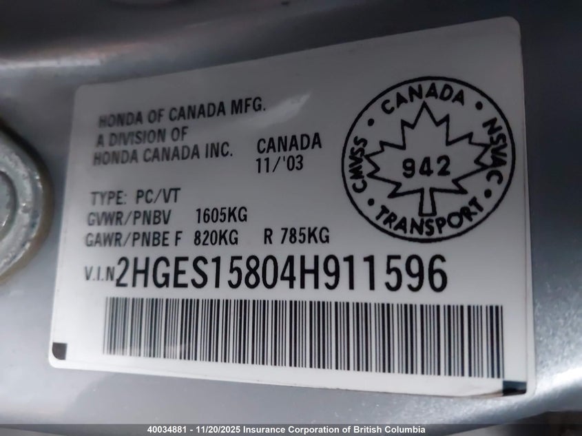 2004 Honda Civic Si Si VIN: 2HGES15804H911596 Lot: 40034881
