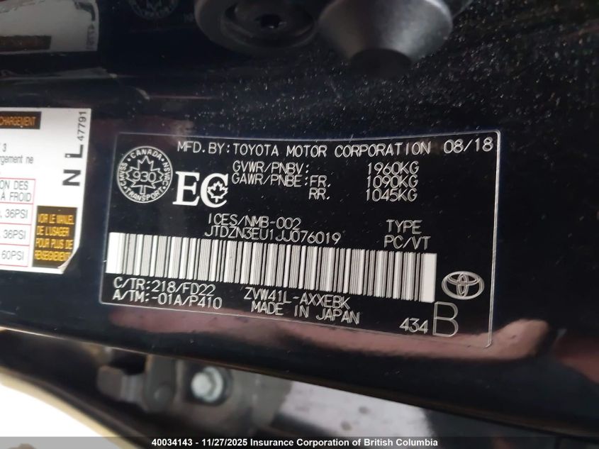 2018 Toyota Prius V VIN: JTDZN3EU1JJ076019 Lot: 40034143