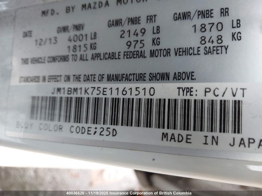 2014 Mazda 3 Sport VIN: JM1BM1K75E1161510 Lot: 40036520