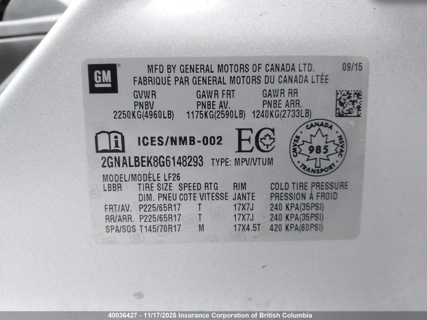 2016 Chevrolet Equinox Ls VIN: 2GNALBEK8G6148293 Lot: 40036427