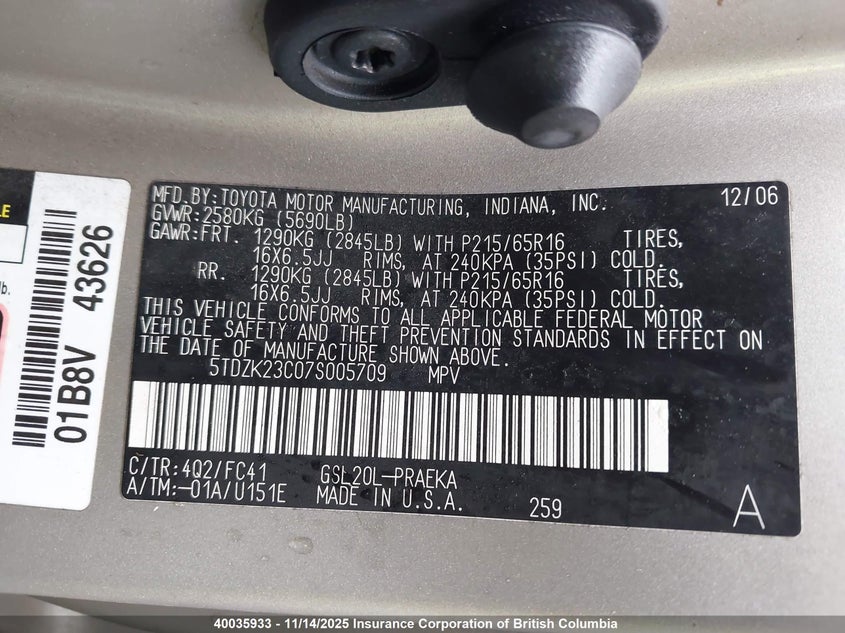 5TDZK23C07S005709 2007 TOYOTA SIENNA photo no. 9