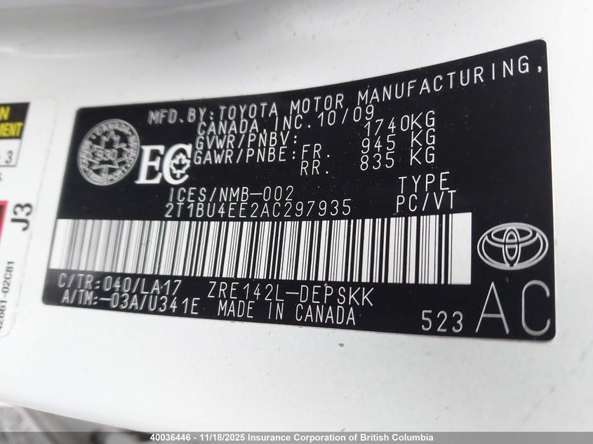 2T1BU4EE2AC297935 2010 TOYOTA COROLLA photo no. 9