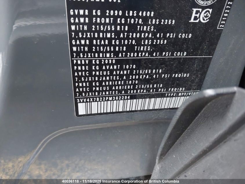 2023 Volkswagen Taos Sel VIN: 3VV4X7B22PM362294 Lot: 40036118