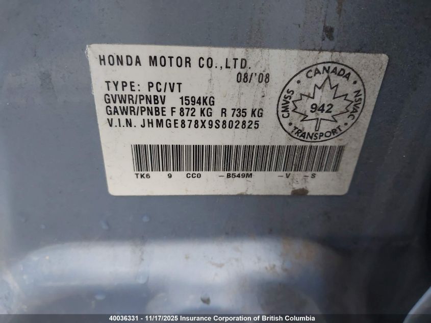 2009 Honda Fit Sport VIN: JHMGE878X9S802825 Lot: 40036331