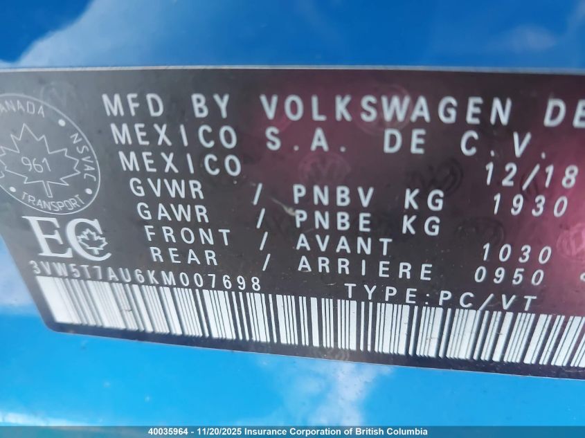 2019 Volkswagen Gti S/Se/Autobahn/Rabbit Edition VIN: 3VW5T7AU6KM007698 Lot: 40035964