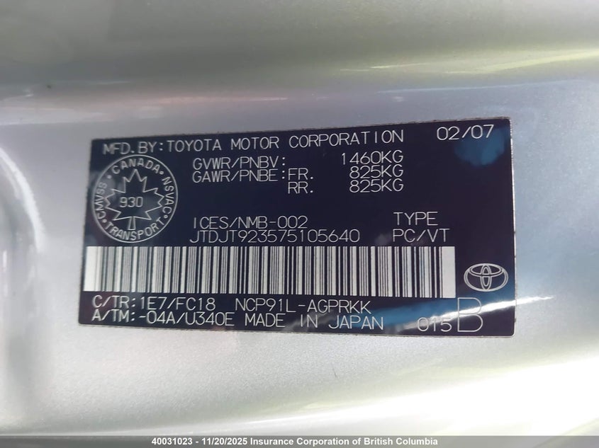 JTDJT923575105640 2007 TOYOTA YARIS photo no. 9