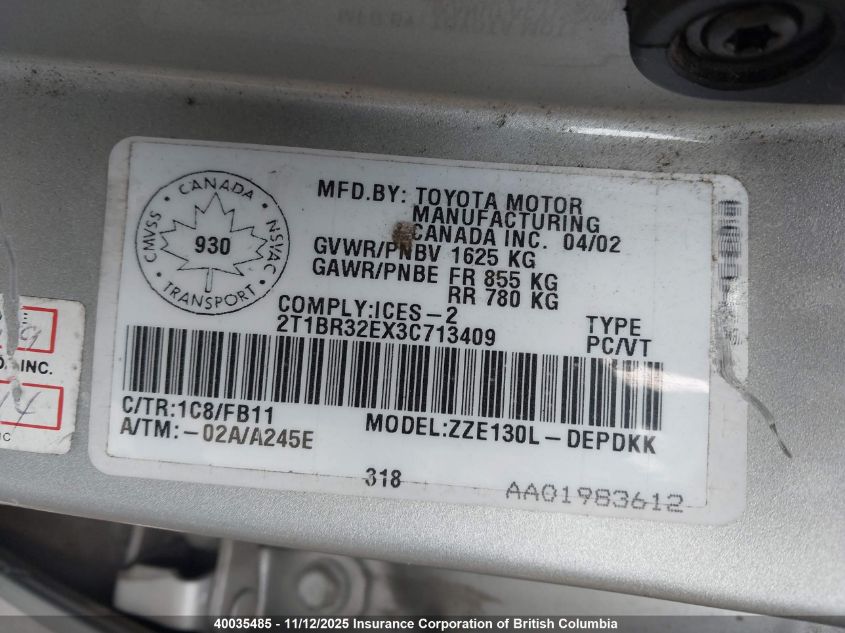 2003 Toyota Corolla Ce/Le/S VIN: 2T1BR32EX3C713409 Lot: 40035485