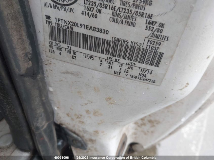 2001 Ford F250 Super Duty VIN: 1FTNX20L91EA83830 Lot: 40031096