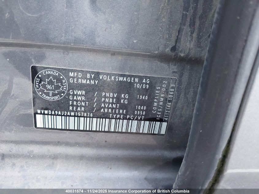 2010 Volkswagen Golf VIN: WVWDA9AJ2AW157876 Lot: 40031574