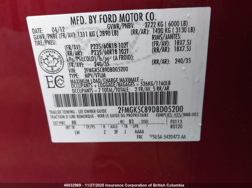 2013 Ford Flex Sel VIN: 2FMGK5C89DBD05200 Lot: 40032969