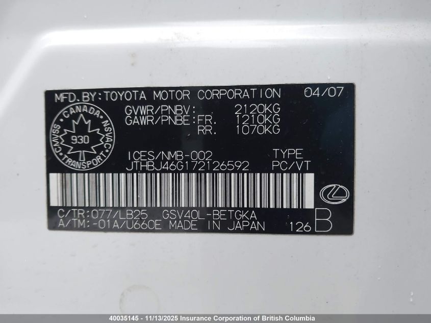 2007 Lexus Es 350 VIN: JTHBJ46G172126592 Lot: 40035145