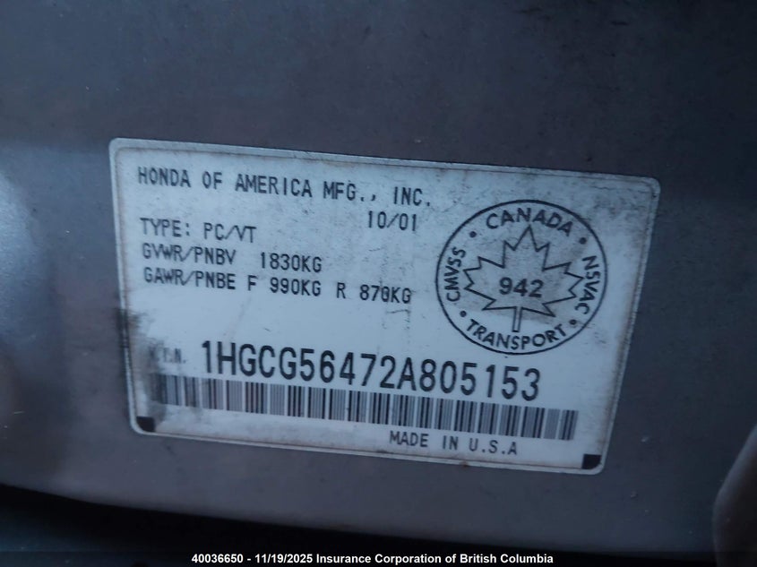 1HGCG56472A805153 2002 HONDA ACCORD photo no. 9