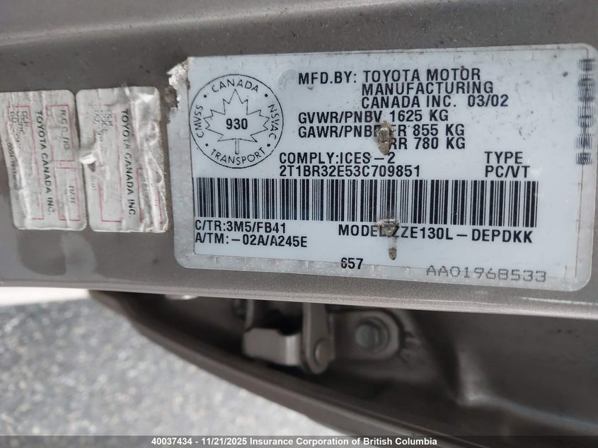 2T1BR32E53C709851 2003 TOYOTA COROLLA photo no. 9
