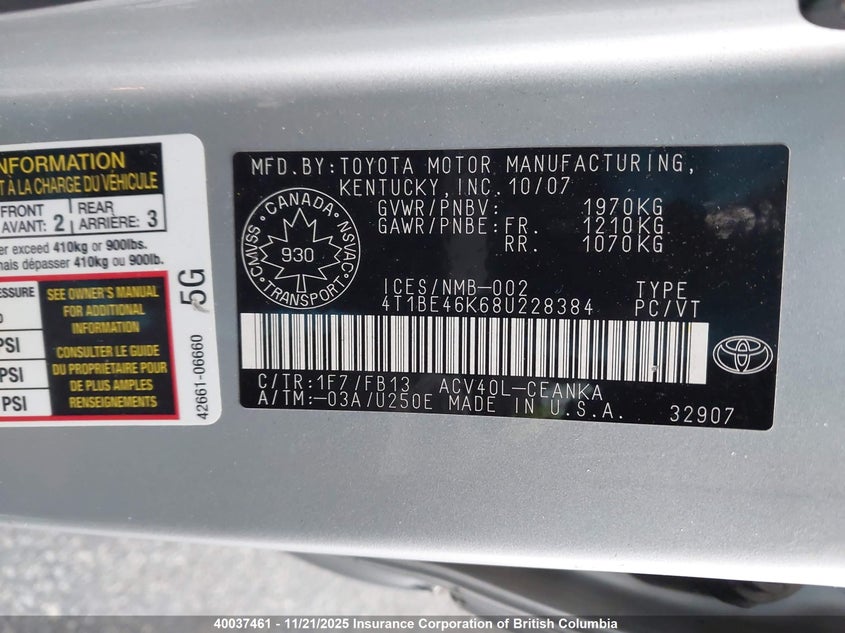 4T1BE46K68U228384 2008 TOYOTA CAMRY photo no. 9