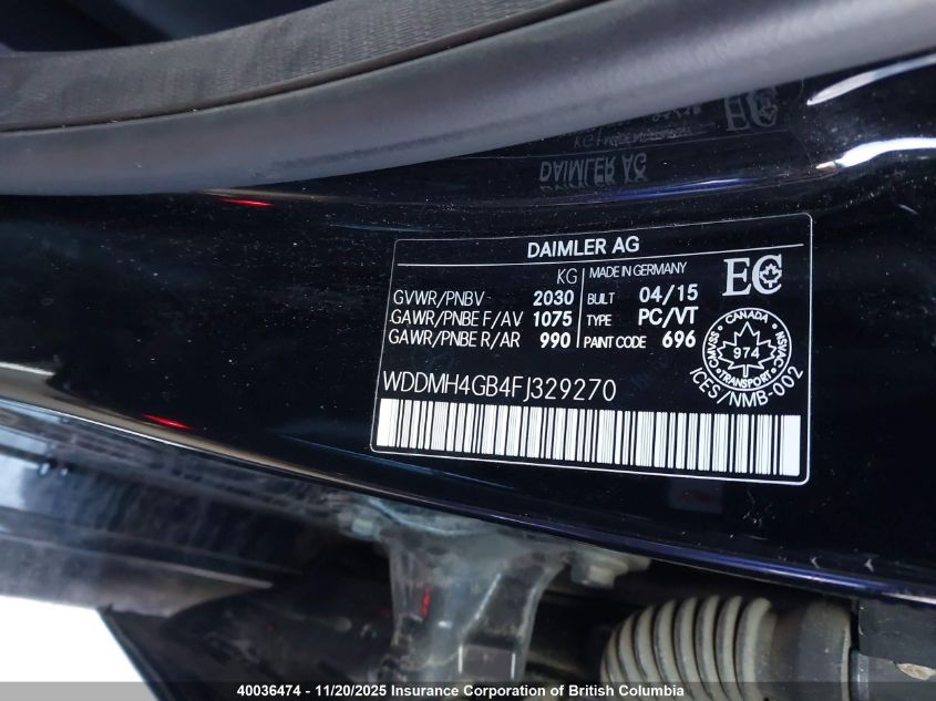 2015 Mercedes-Benz B 250 4Matic VIN: WDDMH4GB4FJ329270 Lot: 40036474