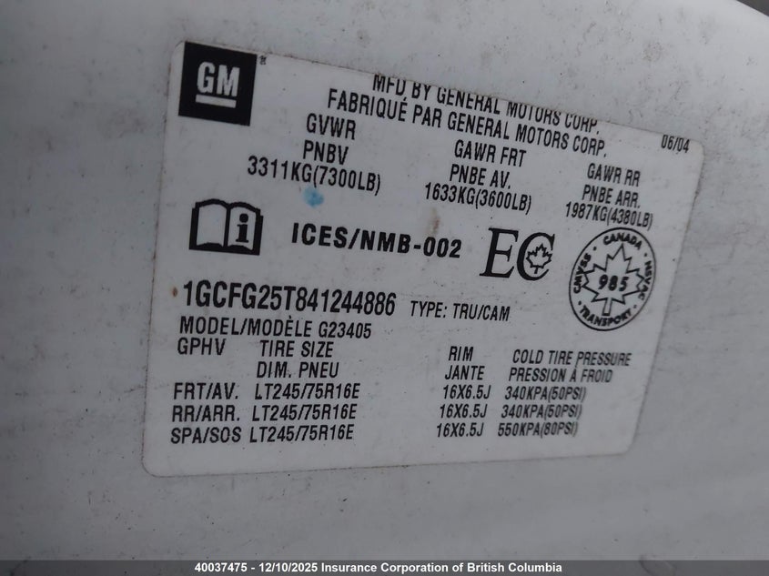 1GCFG25T841244886 2004 CHEVROLET EXPRESS photo no. 9