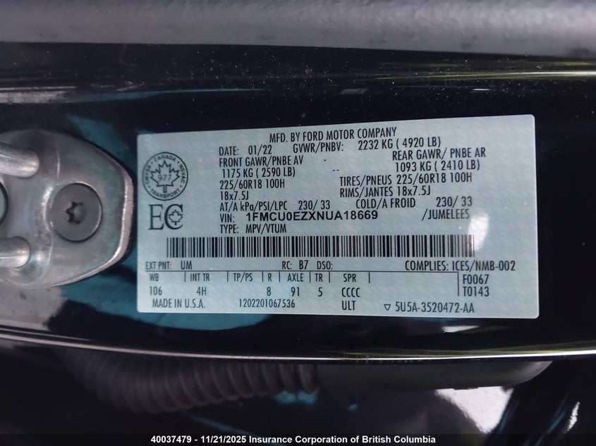 1FMCU0EZXNUA18669 2022 FORD ESCAPE photo no. 9