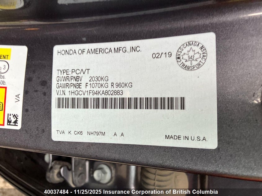 1HGCV1F94KA802883 2019 HONDA ACCORD photo no. 5