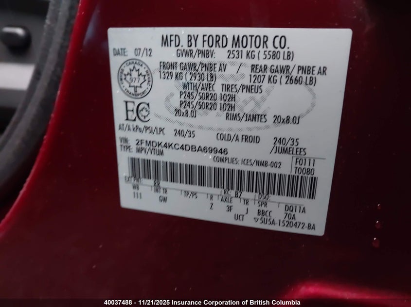 2FMDK4KC4DBA69946 2013 FORD EDGE photo no. 9