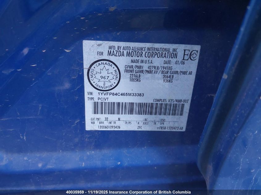 2006 Mazda 6 I VIN: 1YVFP84C465M33383 Lot: 40035959