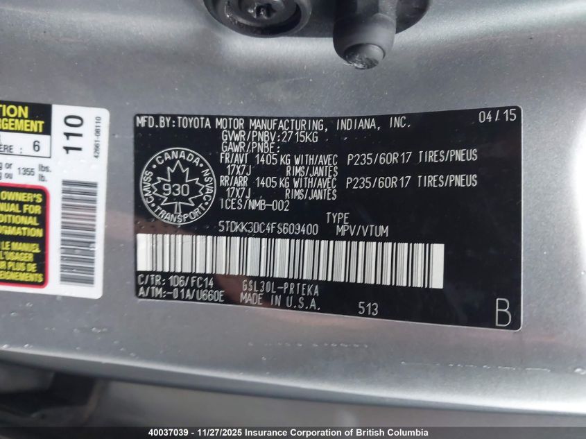 2015 Toyota Sienna Le VIN: 5TDKK3DC4FS609400 Lot: 40037039