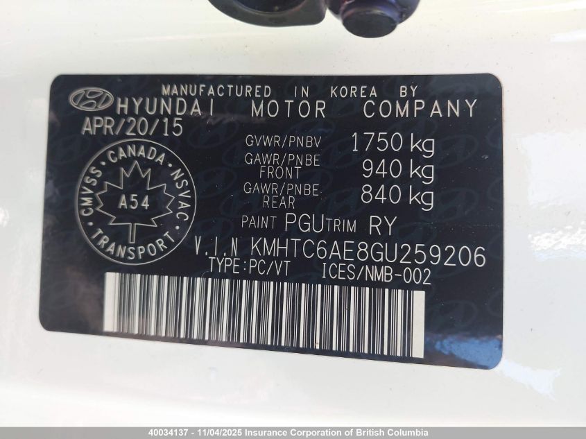 2016 Hyundai Veloster Turbo VIN: KMHTC6AE8GU259206 Lot: 40034137