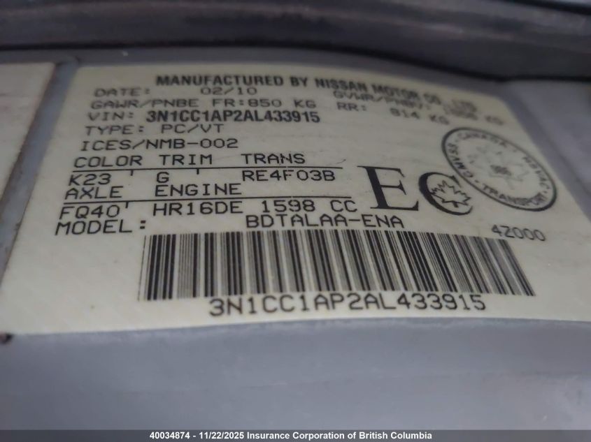 2010 Nissan Versa S/Sl VIN: 3N1CC1AP2AL433915 Lot: 40034874