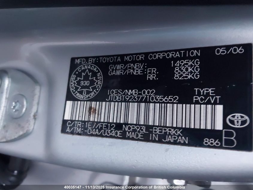 2007 Toyota Yaris VIN: JTDBT923771035652 Lot: 40035147