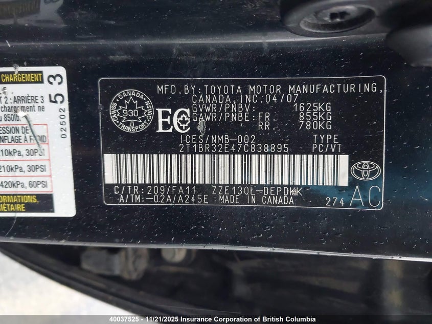 2T1BR32E47C838895 2007 TOYOTA COROLLA photo no. 9