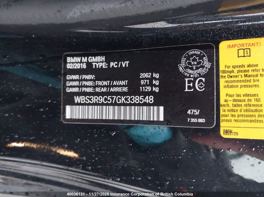 2016 BMW M4 VIN: WBS3R9C57GK338548 Lot: 40036131