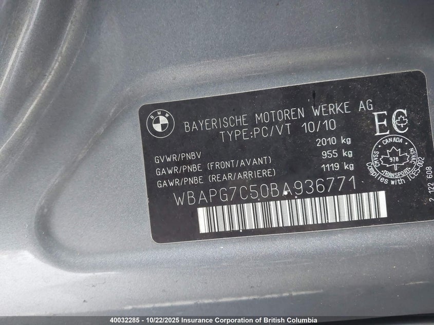 2011 BMW 323 I VIN: WBAPG7C50BA936771 Lot: 40032285