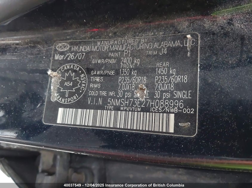 5NMSH73E27H088996 2007 HYUNDAI SANTA FE photo no. 9