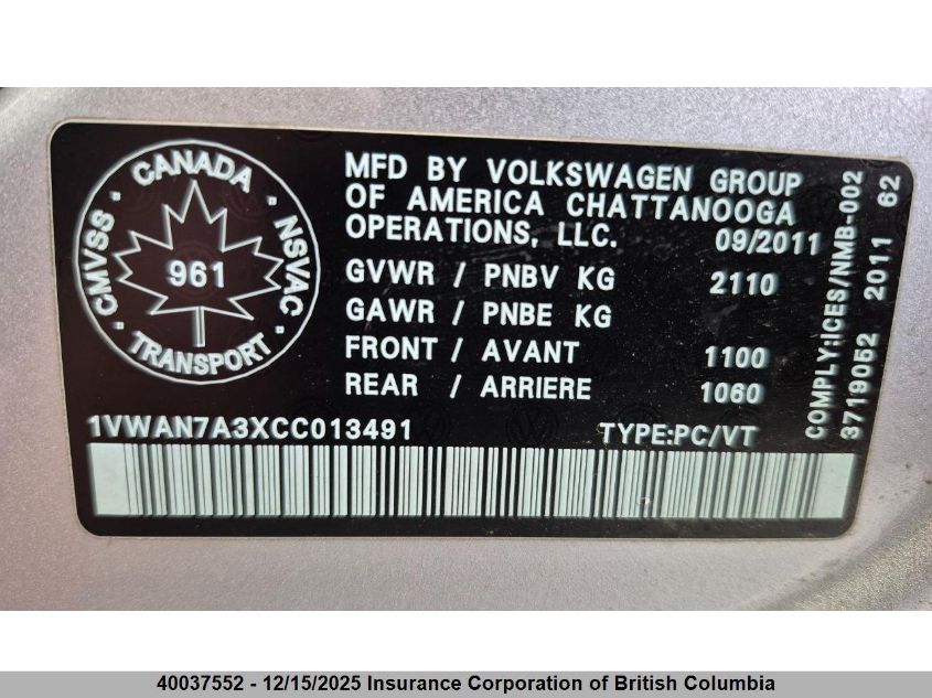 2012 Volkswagen Passat S VIN: 1VWAN7A3XCC013491 Lot: 40037552