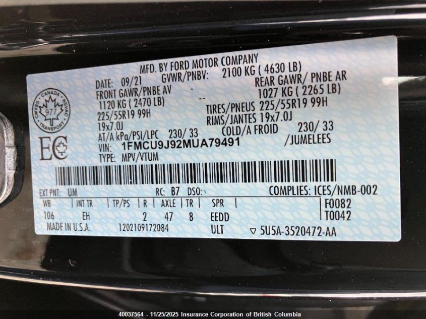 2021 Ford Escape Titanium VIN: 1FMCU9J92MUA79491 Lot: 40037564