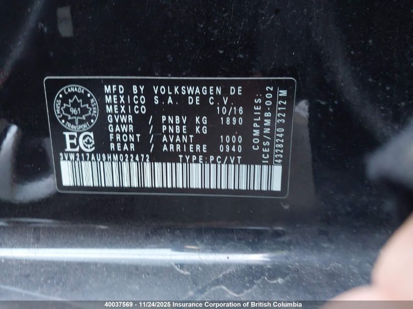 2017 Volkswagen Golf VIN: 3VW217AU9HM022472 Lot: 40037569