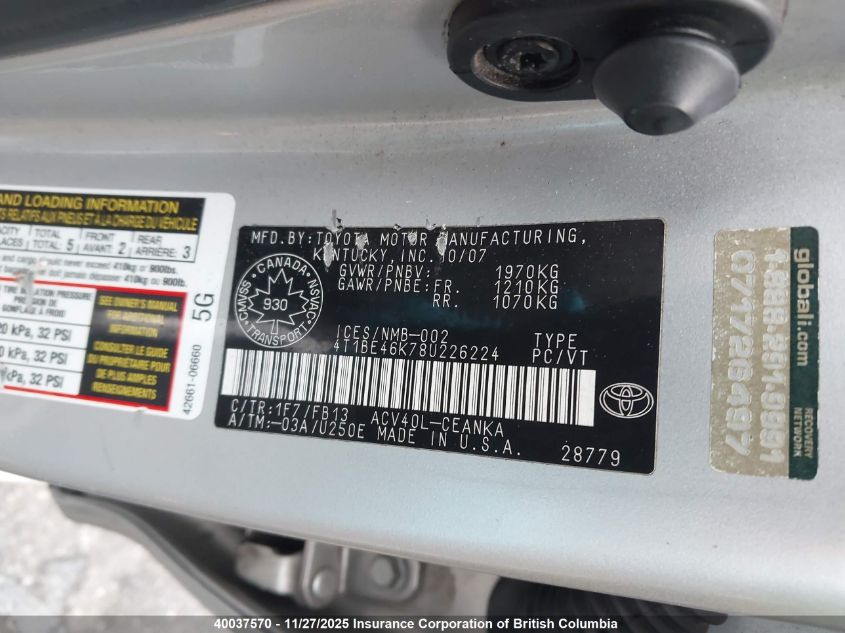 2008 Toyota Camry VIN: 4T1BE46K78U226224 Lot: 40037570