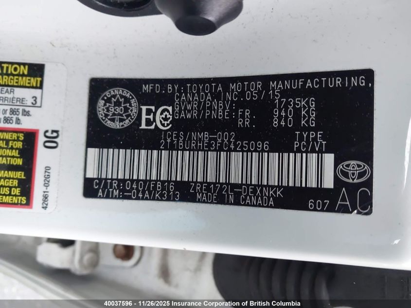 2015 Toyota Corolla L/Le/Le Pls/Prm/S/S Pls VIN: 2T1BURHE3FC425096 Lot: 40037596