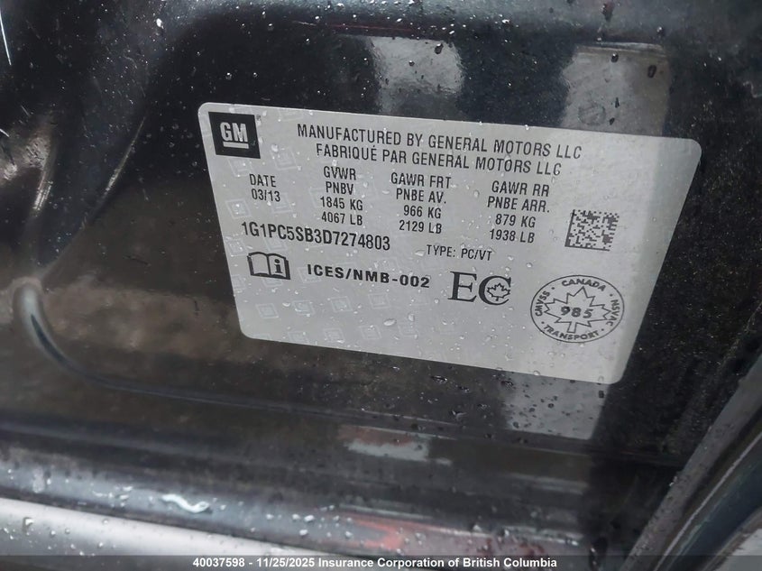1G1PC5SB3D7274803 2013 CHEVROLET CRUZE photo no. 9