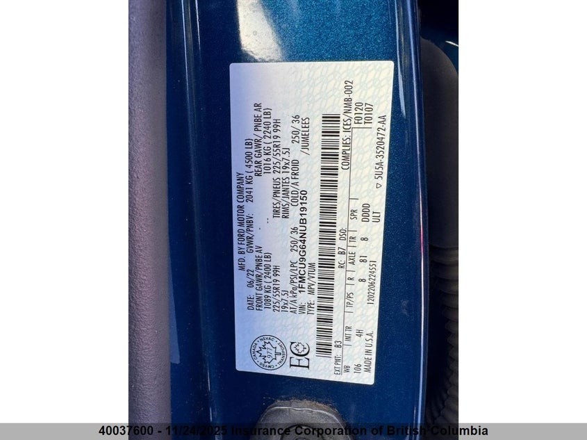 2022 Ford Escape Se VIN: 1FMCU9G64NUB19150 Lot: 40037600