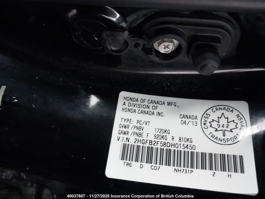 2013 Honda Civic VIN: 2HGFB2F58DH015450 Lot: 40037607