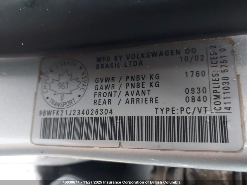 2003 Volkswagen Golf VIN: 9BWFK21J234026304 Lot: 40030677