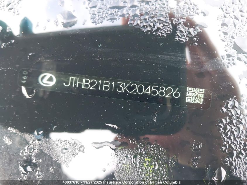 2019 Lexus Es 300H 300H VIN: JTHB21B13K2045826 Lot: 40037610