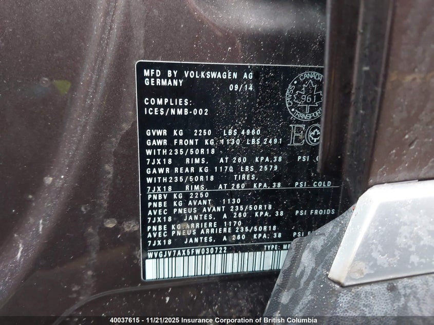 WVGJV7AX5FW030722 2015 VOLKSWAGEN TIGUAN photo no. 9