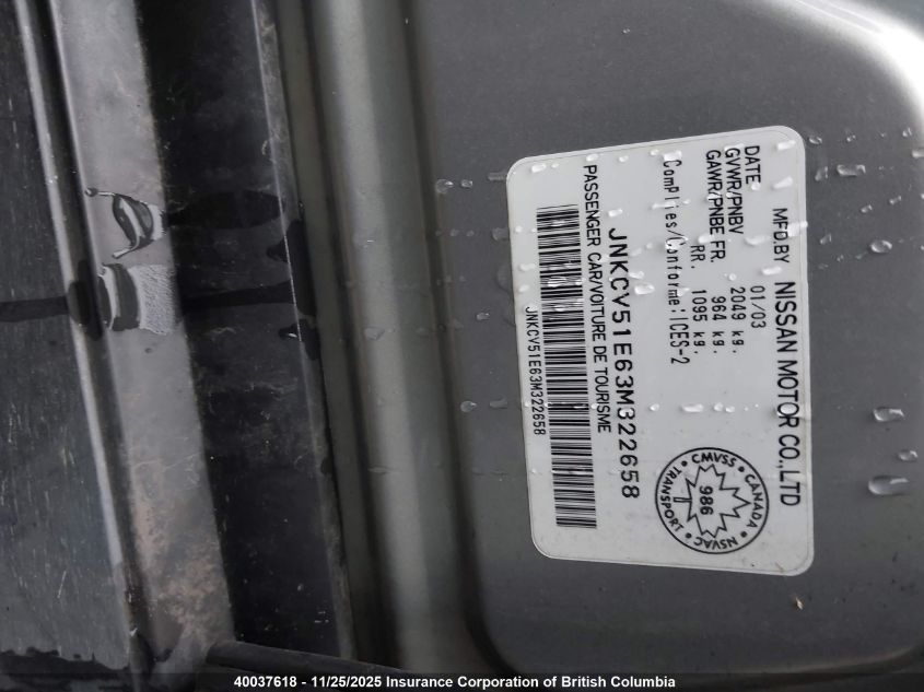 2003 Infiniti G35 VIN: JNKCV51E63M322658 Lot: 40037618