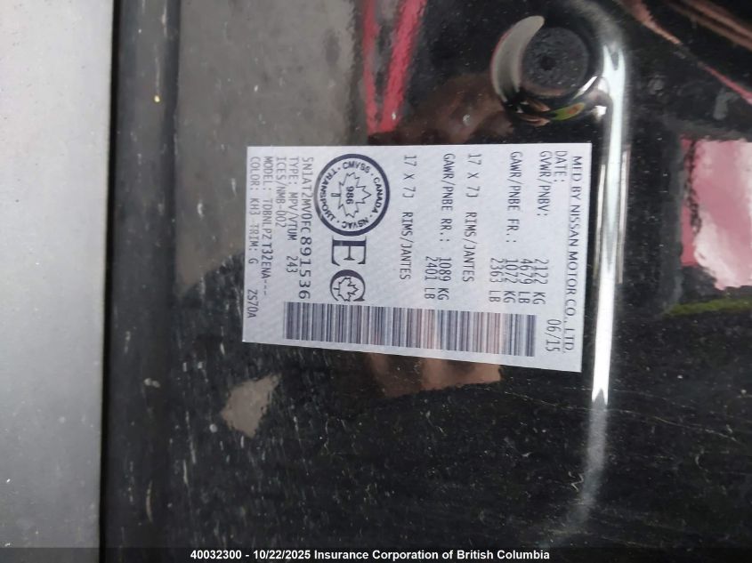 2015 Nissan Rogue S/Sl/Sv VIN: 5N1AT2MV0FC891536 Lot: 40032300